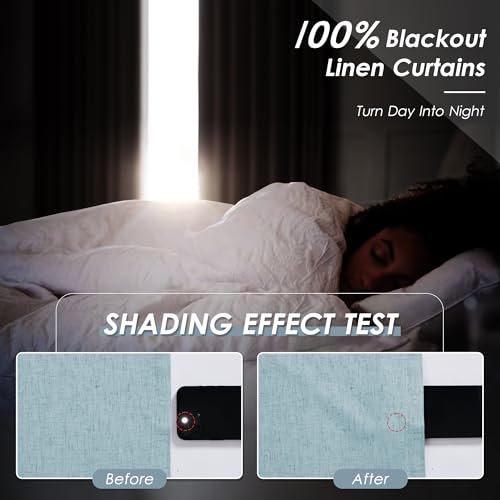 Image of Light Blue 100% Blackout Linen Curtains 108 Inches Long for Bedroom Back Tab Thermal Insulated Coastal Boho Decor Black Out Curtain for Living Room Floor to Ceiling High Window 52x108, 2 Panels