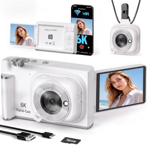 Digital Camera with WiFi, 2-in-1 Detachable Mini POV Camera, Vlogging & Travel Compact Camera with Flip Screen for Selfie White