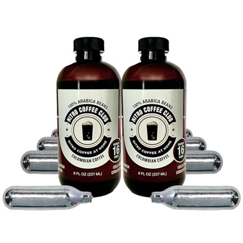 Nitro Coffee Club Two Bottle Refill. Two bottles of Columbian Blend Cold Brew Coffee Concentrate & 8 Nitrogen Cartridges. Enough to make 32 servings of Nitro Cold Brew at home. Nitro Coffee Club Two Bottle Refill. Two bottles of Columbian Blend Cold Brew Coffee Concentrate & 8 Nitrogen Cartridges. Enough to make 32 servings of Nitro Cold Brew at home.