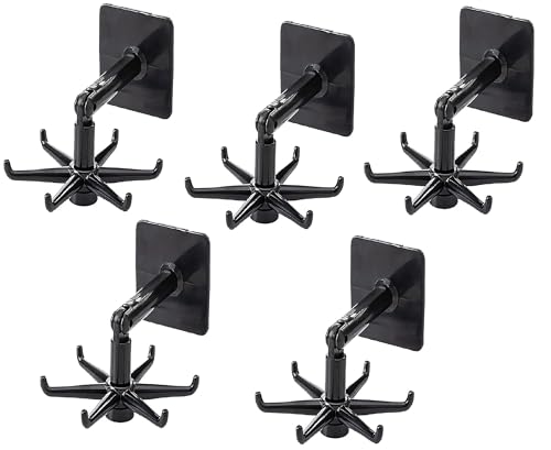 Image of Adhesive Stronger Plastic Wall Hangers 360 Degree Folding Hooks for Hanging Robe, Coat, Bags, Lights, Calendars,Towel, Keys, Oil-Proof Heavy-Duty for Bathroom Kitchen Pack of 5