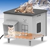 Tepoal Plastic Heated Cat House for Outside Winter, 100% Weatherproof & Insulated Outdoor Feral Cat Shelter with Safety Escape Door, Stackable Cat House with Heater for Barn Cat (Gray 16"x16"x17.5")