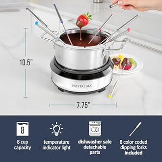 Nostalgia 8-Cup Electric Fondue Pot Set for Cheese & Chocolate - 8 Color-Coded Forks, Temperature Control - Kitchen Gadgets and Appliances for Hors d'Oeuvres and More - Stainless Steel