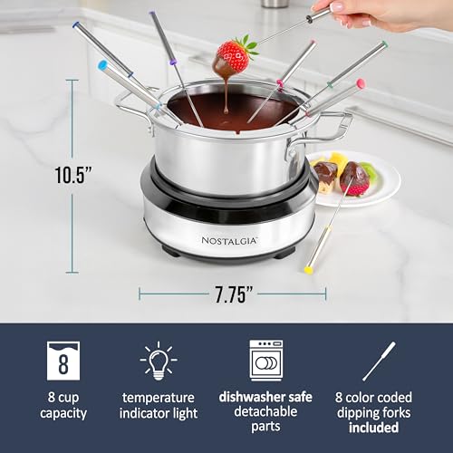 8-Cup Electric Fondue Pot Set for Cheese & Chocolate - 8 Color-Coded Forks, Temperature Control - Kitchen Gadgets and Appliances for Hors d'Oeuvres and More - Stainless Steel