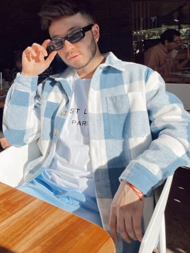 ZAFUL Lässig Kariertes Button Down Hemdjacke Herren Langarm Regular Fit Shacket mit Taschen (1-Hellblau,S)