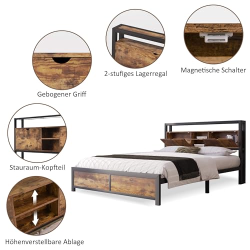 YCYDHDM Metallbett Doppelbett 140 x 200 cm mit Stauraum-Kopfteil, Bettgestell mit Lattenrost aus Metall, Stauraumbett für Schlafzimmer und Gästezimmer, Bett mit Stauraum unter dem Bett, Holzfarbe – Bild 7