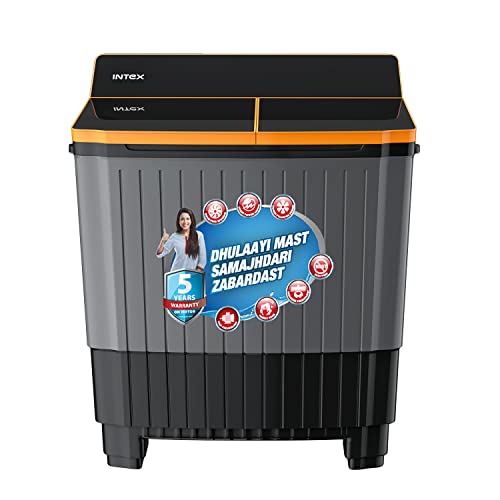 Intex 8.5 KG Semi Automatic Top Loading Washing Machine with Covered Panel Full Glass Toughned Lid (Premium Design,Dark Black-Grey-Orange, , SA85BLFG)