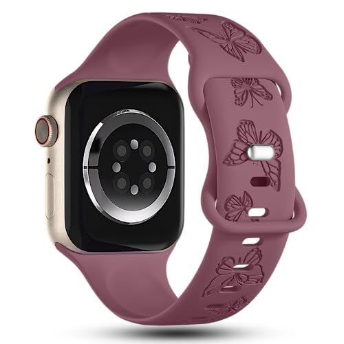 Image of Butterfly Engraved Bands Compatible with Apple Watch Band 41mm 40mm 38mm 49mm 46mm 49mm 46mm 45mm 44mm 42mm Women, Silicone Sport Strap for iWatch Series SE 10 9 8 7 6 5 4 3 2 1 SE Ultra