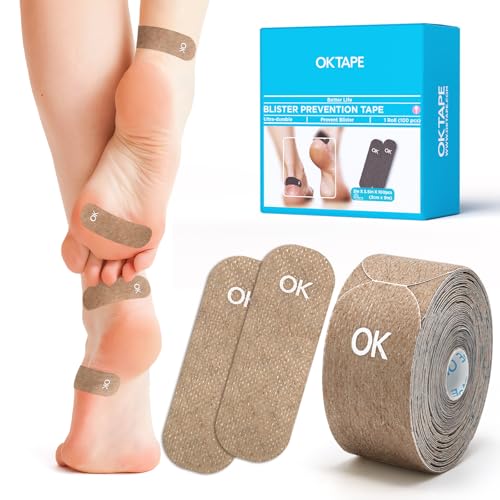 Image of OK TAPE Blister Prevention Tape, 100 Pcs, Moleskin for Blisters, No-Residue Blister Bandages for Feet & Body, Heel Patches, 1.2in X 3.5in Precut Strips - Brown