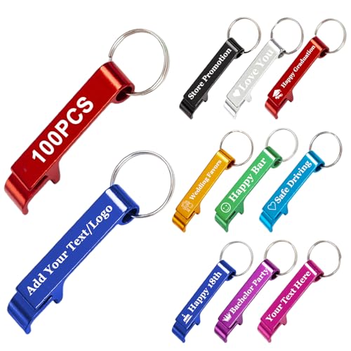 BEXOA 100pcs Personalised Bottle Opener keyring - Customised Engraved Text/Logo Bottle Openers Keychain Bulk Wedding Favours for Guests Party Gifts (100 Pcs)