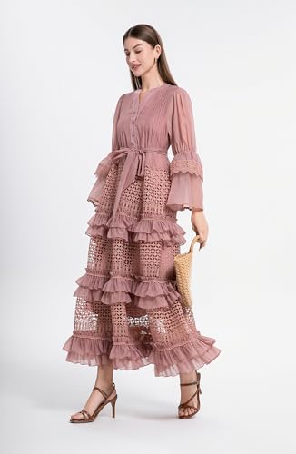 LAI MENG FIVE CATS Women's Bell Sleeves V-Neck Buttons Ruffle Layered Hem Hollow Princess Dress with Belt4