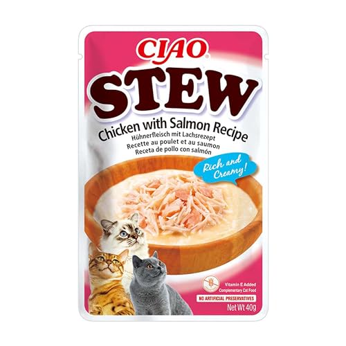 INABA CIAO - Stew Poulet & Saumon - Recipe Friandise pour Chat Humide - Délicieuse et Saine - Sauce - Plat d'accompagnement - Complément Naturel et sans Céréales - Pâtée pour Chat - 1 x 40g