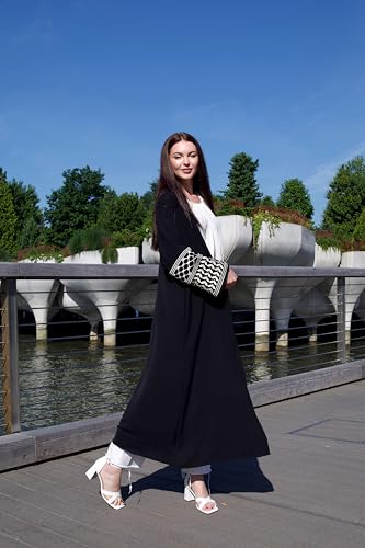 Image of HUSN Serenity Black Robe Open-Front Abaya - Duster Cardigan with Golden Embroidered Sleeves - Womens Duster for Modest Women