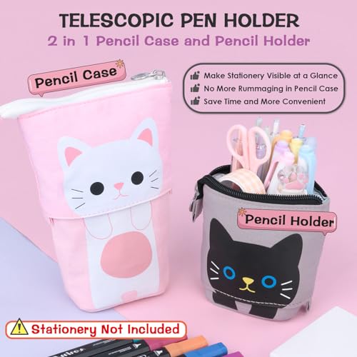 EDATOFLY Telescopic Pencil Case, Cute Standing Retractable Pen Pouch, Small Pencil Stand Up Pouch for Girls Boys Kids (White Cat) - Image 2