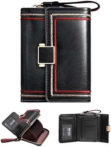 GSG Purses for Women RFID Blocking Leather Short Purse Accordion Wallets with 17 Credit Card Holder Bifold Ladies Small Purse with Gift Box Black