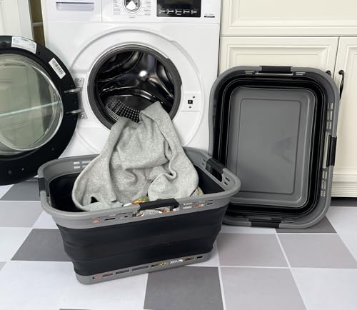 Image of SAMMART Set of 2 Collapsible Plastic Storage Basket - Foldable Pop Up Storage Container - Portable Laundry Organizer - Space Saving Hamper (Grey /Black, 42L (Style A))