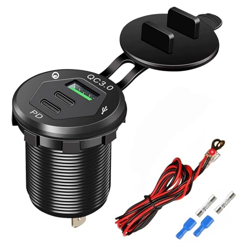 USB C Car Charger Socket, Marine Grade 12V Outlet with Dual 18W PD Ports & QC 3.0 Fast Charging, IP66 Waterproof Aluminum Flush Mount for Car, Boat, RV, Marine