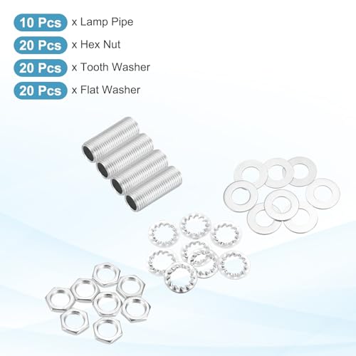 Image of MECCANIXITY 70Pcs 1 inch Lamp Pipe Nipples Kit with Hex Nuts Washers, M10 Fine Threaded Hollow Tube Repair Hardware Fasteners Assortment for Assembly Chandelier Ceiling Lamp DIY, Silver