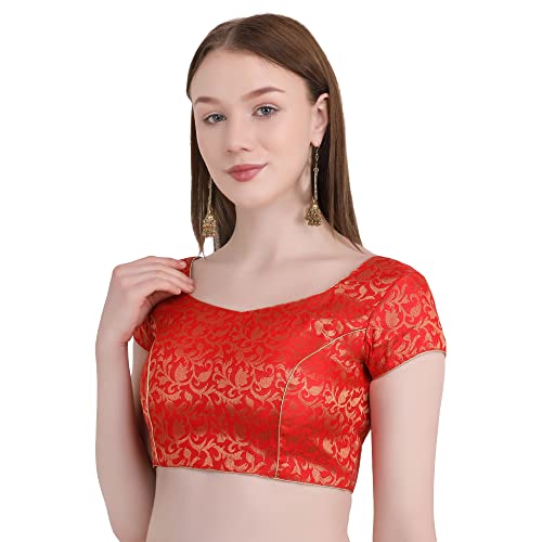 Image of Women's Short Sleeve Brocade (Chanderi) Readymade Stitched Saree Blouse Ready to Wear Half Sleeves Ladies Blouse