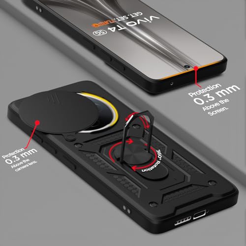 Image of Pikkme Back Cover for Vivo T4 5G / iQoo Z10 5G | 360 Protection Case | Sliding Camera Shield Cover & Ring Holder Stand D10 Tough Armor Bumper Case (Black)