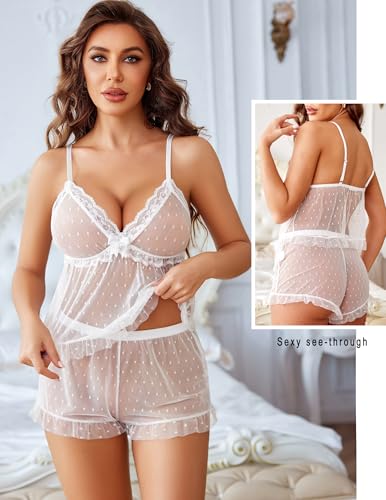 Image of Avidlove Sexy Pajama Lingerie Set for Women Sheer Mesh Cami Shorts | Ruffle V-neck sleepwear, lace trim, elastic waist, adjustable straps, lightweight feel, summer vacation boudoir outfit