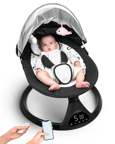 Image of Electric Baby Swing for Infants to Toddler Portable Babies Swings Timing Function 5 Swing Speeds Bluetooth Touch Screen Music Speaker with 10 Preset Lullabies 5-Point Carabiner Black