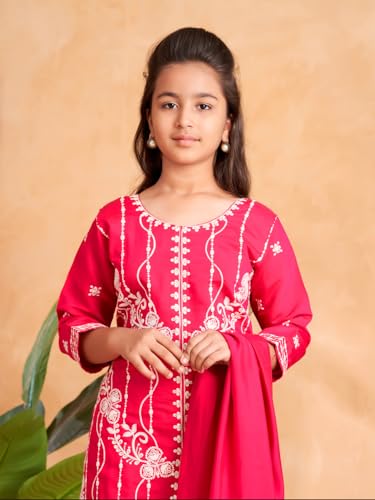Image of Aarika Girls Ethnic Wear Purple Colour Thread Embroidery Kurti Pant Set With Dupatta