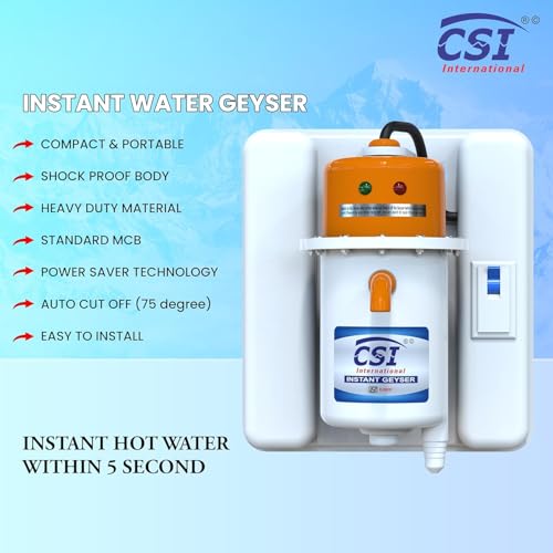 Image of CSI International Instant Water Heater Geyser 1 Litre Portable ABS Plastic Body Fast Heating Electric Water Heater with Auto Cut Off Safety and 1 Year Warranty White Orange
