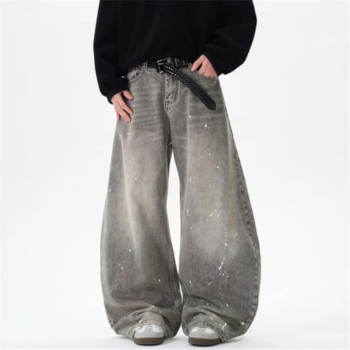 Men's Vintage Splash-Ink Washed Denim Pants, Contrast Color, Casual Wide Leg, Trendy Machete Jeans4