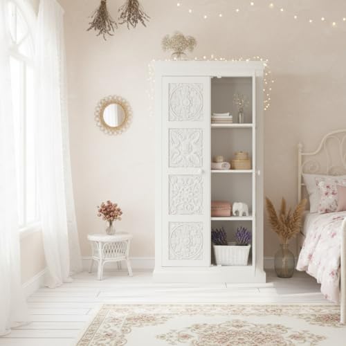 Image of APRODZ Floreale Mango Wood Wardrobe for Bedroom 2-Door Modular Wooden Almirah for Storage /Space Saving Storage Organizer Rack Clothes Cupboard for Bedroom (White Finish)
