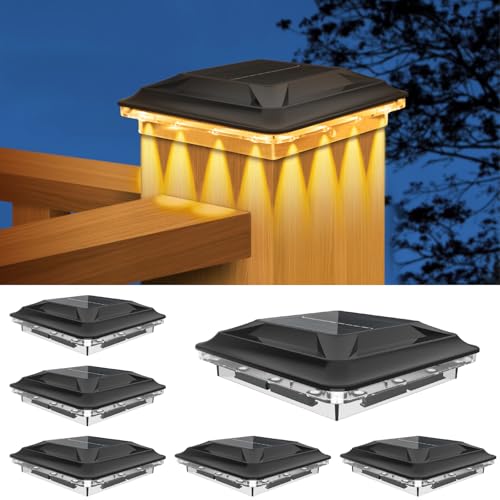 Solar Post Cap Lights Outdoor 6 Pack Upgraded 16LED Spot Lens Waterproof Post Light 3-Color Modes Warm & Cool & Neutral White Solar Light Fit for 4x4 3.5x3.5 Vinyl and Wooden Dock Fence Deck Posts