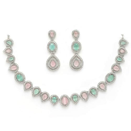 ZENEME Rhodium Plated Silver Toned Teardrop Oval Shaped American Diamond Studded Necklace With Earrings Jewellery Set For Women & Girls (Pink & Sea Green)