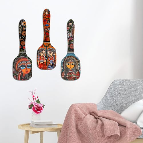 Image of Artvibes Madhubani Women Portrait Spatula Shape Wooden Wall Hanging | Madhubani Wall Paintings | Wall Accent | Gift Items | Aesthetic Wooden Decor | Ethnic Wall Decor (WH 11001N), Set of 3
