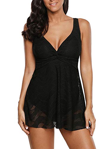 ECUPPER Damen Einteiler Übergröße Badekleid Hohe Taille Body Spitze Badekleid Rock Badeanzug mit Slip, Schwarz , 50 Cover