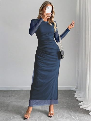 Image of Women's Tie Dye Long Sleeve Maxi Dress Mesh Bodycon Ruched Night Out Formal Cocktail Long Dress for Wedding Guest Party
