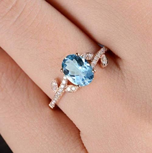 Xiaomei Fashion Women 14K Solid Rose Gold Aquamarine Ring Wedding Party Women's Jewelry Size 6-10 (Size 7)
