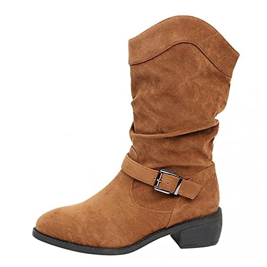 JDGY Mocka stövlar dam slip-on stövlar med blockklack ankle Boots retro halvlånga stövlar mocka stövlar kvinnor termiska stövlar utomhus fotled skor halkfria korta stövlar, BRUN, 38