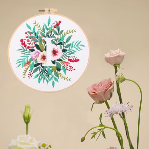 Image of IUHUI Embroidery Kit for Beginners Adults - 26 Floral Letters Easy Patterns, DIY Hand Stitching Embroidery Set with Hoop (Flower and Grass Letter I)