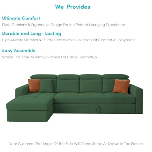 Image of Casaliving Gagnon LHS 6 Seater L Shape Corner Sofa Cum Bed for Living Room (Green Fabric) Premium Fabric Sofa