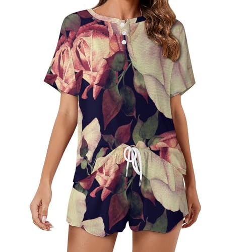 Ensemble de pyjama femme aquarelle de roses pour soirée d'été
