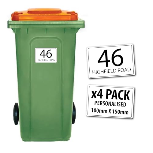 4x Wheelie Bin Stickers Personalised House Number Road Name 100mm x 150mm Weatherproof UV Resistant Wheelie Bin Front Lid Stickers