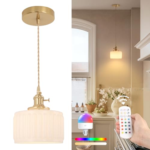 Image of Shenmoyl Battery Operated Pendant Light 5000mAh Rechargeable Chandelier with Remote Control Wireless Adjustable Hanging White Striped Light for Kitchen Island Dining Room Hallway