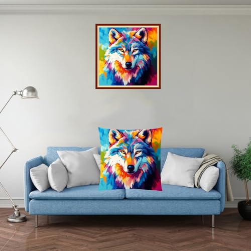 Image of Fanxvivy Stamped Cross Stitch Kits for Adults Beginners Pillow Needlepoint Kit with Embroidery Pattern Needlework Kit Prestamped Stitches Kit 11CT Cross Stitching-Colorful Wolf 18x18 inch