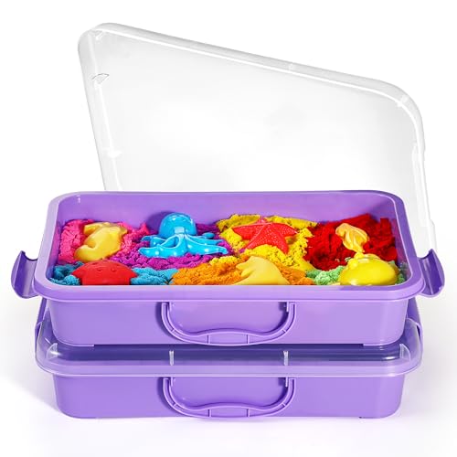 Juego de 2 cajas de arena Sensory Bin con tapa y asa, portátil para niños, bandeja de plástico para niños pequeños, color morado