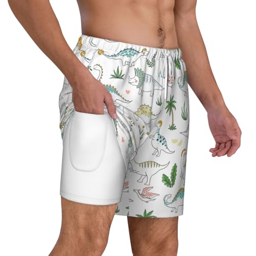 Men's Dinosaur Walking Print Quick-Dry Mesh Swim Trunks Stretch Lining Beach Shorts Surfing Summer Vacations