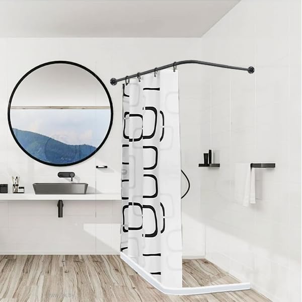 Image of L Shaped Shower Curtain Rod, (44.1 inch-54.3 inchx44.1 inch-54.3 inch) Adjustable Curved Shower Rod, 90 Degree Corner Shower Rods for Bathroom Bathtub Clothing Store Locker, locker rooms, fitting rooms, Black