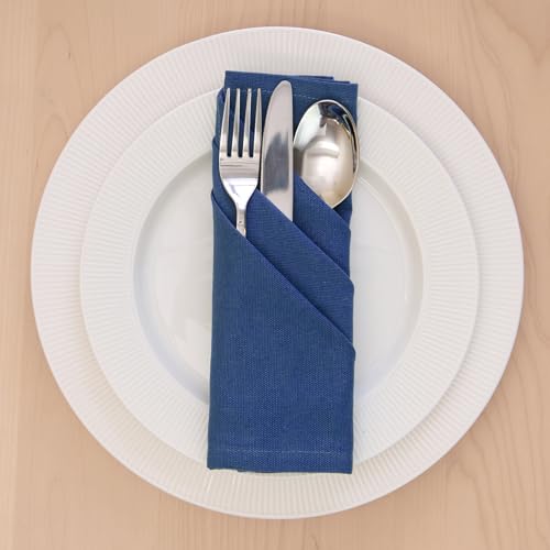 Image of Encasa XO Cotton Napkins for Dining Table | Set of 12, Size 43x43 cm | Machine Washable Reusable Table Napkin, Soft & Absorbent, Elegant Table Decor for Kitchen, Hotels, Party - Cobalt Blue