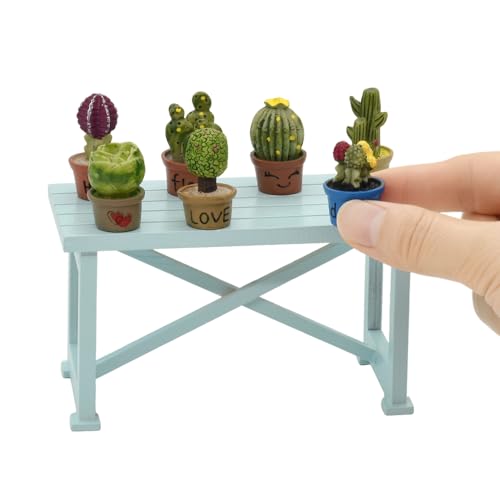 iLAND Miniature Dollhouse Accessories and Furniture, Doll House Table & Succulent Plants(8pcs) for Fairy Garden