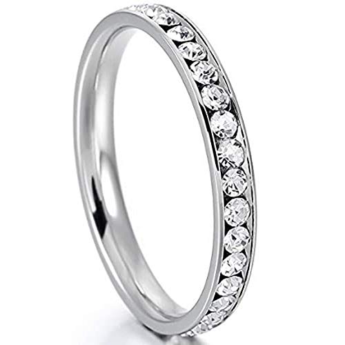 ADAIER Mens Ladies 3MM Titanium Stainless Steel High Polished 18K Silver White Plated Set Cubic Zirconia CZ Promise Engagement Band Unisex Wedding Stackable Ring Size 5-9 (SE-26) (Size 8, 3mm Silver)
