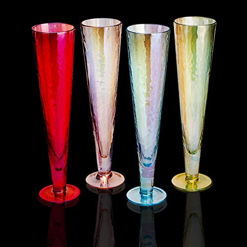 Champagne Flutes, Iridescent Crystal Glass, Holiday Iridescent Champagne Flutes - Set Of 4 - 10" Stemmed Champagne Flute Romantic Toasting Colored Glasses, Mimosa Glassware, Weddings - 8 Oz Capacity, #TOP3