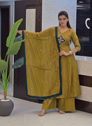 Image of ANNI Designer Kurta Sets for Women Viscose Embroidered | Kurti Set for Woman | Kurta Palazzo Dupatta Set | Straight Kurti | V Neck Full Sleeve Suit Set for Women Stylish Ethnic Outfit Clothing